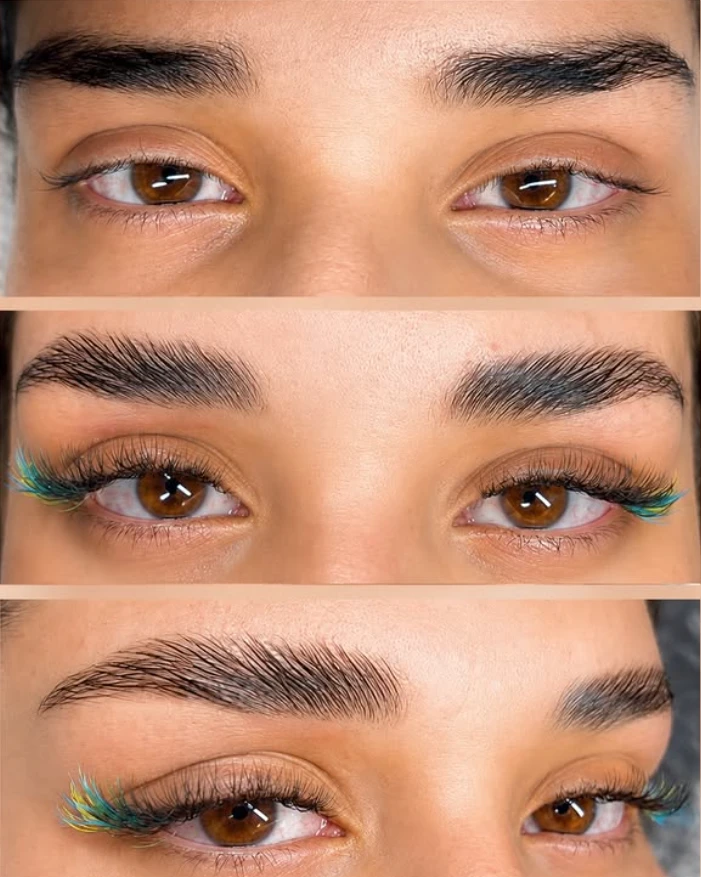 Antes e depois cílios coloridos e brow lamination